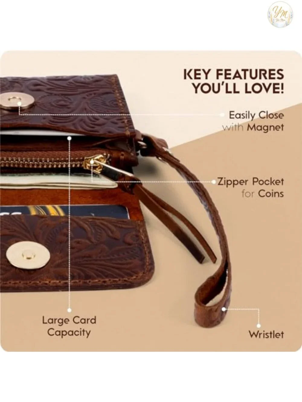 Handmade Full Grain Leather Wristlet Wallet with Floral Design, Card Holder and